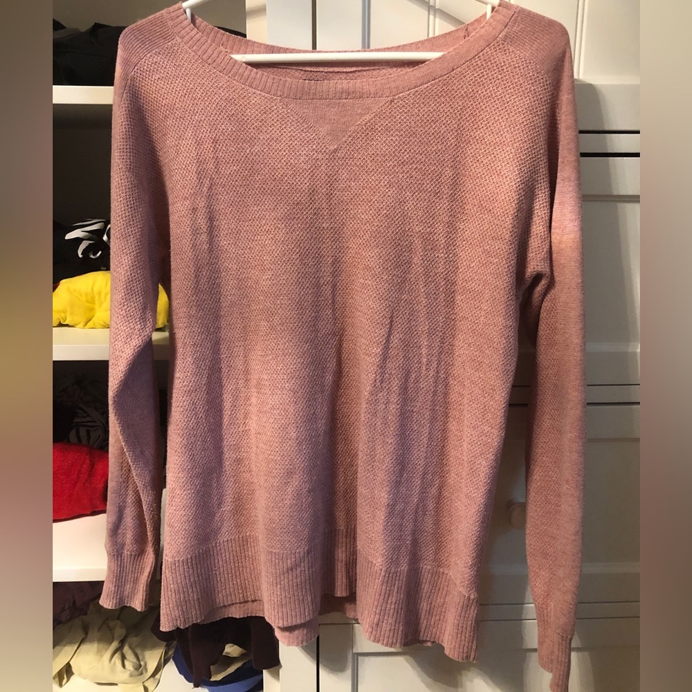 AE Pale Pink Knit Crochet Checked Pattern Long Sleeve Crew Neck Sweater